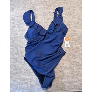 Swim Elastic Women's One Piece Swimsuit Blue Size 2XL Ruffle Straps UPF 50+ NWT